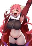  1girl absurdres bottomless breasts cape dragon_arms dragon_claw dragon_girl dragon_horns dragon_tail highres horns ilulu_(maidragon) kobayashi-san_chi_no_maidragon large_breasts mcbox navel panties pink_hair red_eyes sharp_teeth slit_pupils tail teeth underwear yawning 