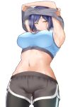  1girl armpits blue_bra blue_hair blush bra breasts clothes_lift fingernails highres large_breasts looking_at_viewer midriff mole mole_under_eye navel nijisanji pants parted_lips shirt_lift shizuka_rin short_hair skysign_ft solo sports_bra steaming_body sweat sweatpants underwear undressing virtual_youtuber white_background 