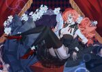  1girl bow breasts choker cleavage commission commissioner_upload couch destiny_(dendroai) fan flower full_body large_breasts open_mouth original red_eyes red_footwear red_hair silvertang smile solo thighs 