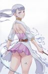  1girl ass black_clover from_behind highres long_hair looking_at_viewer looking_back noelle_silva purple_eyes silver_hair solo twintails water white_background zefrableu 