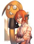  1girl a.b.a bandages blood bloody_clothes blue_eyes guilty_gear guilty_gear_xx key key_in_head looking_at_viewer orange_hair paracelsus red_hair short_hair stitched_mouth stitches 