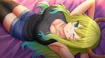  1girl ;q arms_behind_head arms_up bangs bare_arms bare_shoulders bed_sheet black_legwear black_tank_top blonde_hair blue_shorts blush breasts cleavage closed_mouth collarbone commentary dragon_horns eyebrows_visible_through_hair gradient_hair green_eyes green_hair hair_between_eyes highres horns kazenokaze kobayashi-san_chi_no_maidragon large_breasts lucoa_(maidragon) lying multicolored_hair on_back one_eye_closed short_shorts shorts smile solo tank_top thighhighs tongue tongue_out 