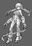  1girl antennae armor closed_mouth grey_background greyscale long_hair mecha_musume mechanical_tail monochrome navel omaru_gyuunyuu original simple_background sketch solo tail twintails 