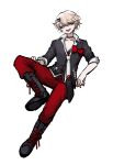  1boy :d absurdres bangs bear_hair_ornament black_choker black_footwear black_shirt blonde_hair blue_eyes boots bow choker collarbone cross-laced_footwear danganronpa:_trigger_happy_havoc danganronpa_(series) enoshima_junko full_body genderswap genderswap_(ftm) hair_ornament hairclip highres invisible_chair knee_up lace-up_boots leaning_back looking_at_viewer male_focus necktie no_(xpxz7347) open_mouth pants red_bow red_pants school_uniform shirt short_hair simple_background sitting smile solo white_background 