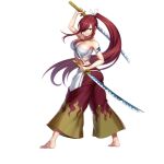  1girl barefoot breasts brown_hair cleavage collarbone dual_wielding erza_scarlet fairy_tail full_body hair_over_one_eye holding holding_sword holding_weapon katana large_breasts long_hair looking_at_viewer midriff pants ponytail red_hair sarashi sleeveless smile solo standing sword tattoo transparent_background valkyrie_connect very_long_hair weapon 