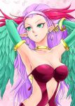  1girl alpha_tama animal_hands armlet armpits arms_behind_head arms_up bangle bare_shoulders bracelet breasts claws cleavage commentary_request duel_monster earrings feathered_wings feathers green_eyes green_feathers hair_slicked_back hairband harpie_perfumer harpy highres hoop_earrings jewelry leotard long_hair medium_breasts monster_girl multicolored_hair parted_lips pink_background pink_hairband pointy_ears purple_hair red_hair red_leotard solo two-tone_hair very_long_hair winged_arms wings yu-gi-oh! 