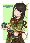  1girl armor blush border brown_eyes brown_hair copyright_name cup fingernails highres holding holding_cup long_hair looking_at_viewer making-of_available monster_hunter_(series) monster_hunter_rise omaru_gyuunyuu pink_lips pouch sleeves_rolled_up smile solo tea teacup teeth vambraces white_border yomogi_(monster_hunter) 
