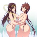  2girls bare_hips bikini blush braid breast_press breasts brown_hair cleavage fan_la_norne hair_ornament hair_ribbon highleg highleg_bikini highleg_swimsuit holding_another&#039;s_arm hug large_breasts long_hair looking_at_viewer lora_(xenoblade) micro_bikini multiple_girls red_hair ribbon sanagi_torajirou seductive_smile see-through shiny shiny_skin short_hair simple_background smile swimsuit symmetrical_docking thick_thighs thighs torso_grab undersized_clothes white_bikini xenoblade_chronicles_(series) xenoblade_chronicles_2 xenoblade_chronicles_2:_torna_-_the_golden_country yellow_eyes 