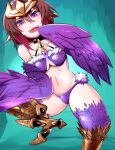  1girl bangs bird_legs breasts brown_hair commentary_request feathers green_background hair_between_eyes harpy medium_breasts medium_hair monster_girl open_mouth original panties pointy_ears purple_eyes purple_feathers purple_panties purple_wings scales sidelocks solo syukakubow talons tiara underboob underwear winged_arms wings 