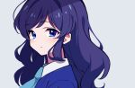  1girl absurdres aikatsu!_(series) bangs blue_eyes blue_jacket blue_neckwear closed_mouth collared_shirt commentary_request expressionless eyebrows_visible_through_hair from_side grey_background highres jacket kiriya_aoi long_hair looking_at_viewer looking_to_the_side necktie portrait purple_hair shirt simple_background solo uhouhogorigori white_shirt 