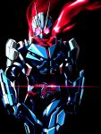  1boy antennae armor black_background blue_armor body_armor compound_eyes full_armor highres kamen_rider kamen_rider_01_(series) kamen_rider_type-1 kooun_no_ryuusei_zero looking_at_viewer pink_eyes progrise_key rider_belt rider_gashat simple_background solo tokusatsu 