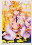  1girl absurdres animal_ears artoria_pendragon_(all) artoria_pendragon_(alter_swimsuit_rider)_(fate) artoria_pendragon_(lancer)_(fate) bangs bare_shoulders between_breasts blonde_hair breasts cleavage closed_mouth clothing_cutout coin detached_collar eyebrows_visible_through_hair fake_animal_ears fate/grand_order fate_(series) feather_boa fingernails green_eyes hair_ornament hand_on_own_chest highres huge_filesize large_breasts leotard lips long_hair looking_at_viewer lying matsuryuu navel navel_cutout necktie on_side ponytail rabbit_ears scan shiny shiny_hair simple_background smile solo strapless strapless_leotard tied_hair wrist_cuffs 