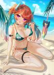  1girl alternate_hairstyle bangs beach bikini bikini_lift blue_sky blush breasts choker clothes_lift eyebrows_visible_through_hair fingernails floating_hair full_body green_bikini green_choker green_hair head_tilt hololive hololive_english inari_(ambercrown) large_breasts lens_flare long_hair looking_at_viewer multicolored_hair navel ocean orange_bikini orange_hair pink_eyes planted planted_sword sand shadow side-tie_bikini sitting sky solo strap_lift streaked_hair sunlight swimsuit sword takanashi_kiara thigh_strap twintails two-tone_bikini two-tone_hair virtual_youtuber wariza weapon wet wing_hair_ornament 