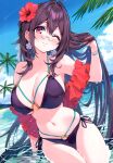  1girl absurdres bikini black_hair breasts cleavage closed_mouth cu-no day flower glasses hibiscus highres hisen_kaede jewelry large_breasts lips looking_at_viewer navel one_eye_closed palm_tree red_eyes scan smile solo swimsuit tree 