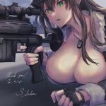  1girl bangs black_gloves black_hair breasts cleavage dog_tags fingerless_gloves fur_collar fur_trim gloves green_eyes gun hair_between_eyes jewelry large_breasts long_hair lying necklace on_stomach original rifle sakazuki_sudama sidelocks single_glove sniper sniper_rifle sniper_scope weapon 