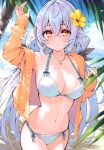  1girl absurdres bikini breasts cleavage collarbone cu-no highres hisen_kaede jacket jewelry long_hair looking_at_viewer medium_breasts navel necklace open_clothes open_mouth palm_leaf palm_tree scan solo stomach swimsuit thighs tree 