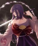  1girl bangs bare_shoulders commentary english_commentary from_behind genshin_impact highres holding holding_sword holding_weapon japanese_clothes katana kimono leu_sile light_particles long_hair long_sleeves looking_at_viewer looking_back mitsudomoe_(shape) purple_eyes purple_hair raiden_(genshin_impact) sword symbol_commentary tomoe_(symbol) weapon wide_sleeves 