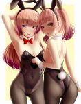  2girls :d animal_ears ass atelier_(series) atelier_lydie_&amp;_suelle black_leotard bow breasts commentary covered_navel cowboy_shot detached_collar dkoro english_commentary eyebrows_visible_through_hair fake_animal_ears fishnet_legwear fishnets highres leotard looking_at_viewer lydie_marlen medium_breasts multiple_girls outside_border pink_eyes pink_hair playboy_bunny rabbit_ears rabbit_tail red_bow siblings sisters small_breasts smile suelle_marlen tail twintails wrist_cuffs yellow_background 