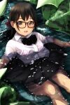 1girl :d absurdres bangs black_bow black_hair black_skirt blush bow bra bra_through_clothes breasts brown-framed_eyewear brown_eyes collared_shirt dress_shirt eyebrows_visible_through_hair feet_out_of_frame glasses highres long_hair looking_at_viewer matsunaga_kouyou nose_blush open_mouth original partially_submerged pink_bra pleated_skirt school_uniform see-through shirt short_sleeves sitting skirt small_breasts smile solo underwear upper_teeth water wet wet_clothes wet_shirt white_shirt 
