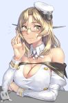  1girl bespectacled blonde_hair breasts cleavage closed_mouth detached_collar glasses hat headgear highres houston_(kancolle) kantai_collection kokuzou large_breasts long_hair long_sleeves military military_uniform naval_uniform peaked_cap smile solo uniform white_headwear yellow_eyes 
