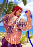  1boy ass back back_tattoo bara bare_back beard black_male_swimwear day facial_hair fate/grand_order fate_(series) from_behind highres holding_hose iskandar_(fate) male_focus male_swimwear mature_male muscular muscular_male pouring_onto_self red_eyes red_hair sand short_hair smirk solo swim_briefs tattoo tsukasa_mat 