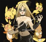  1girl alolan_form alolan_raichu blonde_hair breasts cleavage commentary_request corset devil_may_cry_(series) electricity gen_1_pokemon gen_2_pokemon gen_7_pokemon grey_eyes highres long_hair looking_at_viewer midriff naomig navel open_mouth pichu pikachu pokemon power_connection raichu sunglasses trish_(devil_may_cry) twitter_username 