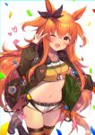  1girl ;d animal_ears belt black_legwear blurry breasts brown_jacket collarbone confetti crop_top dog_tags fur_trim hair_ribbon hand_up homaderi horse_ears horse_girl horse_tail jacket leg_up long_hair long_sleeves looking_at_viewer mayano_top_gun_(umamusume) micro_shorts midriff navel one_eye_closed open_clothes open_jacket open_mouth orange_eyes orange_hair ribbon shirt shoes short_shorts shorts simple_background small_breasts smile solo stomach tail thighhighs thighs two_side_up umamusume v very_long_hair white_background white_shorts yellow_shirt 