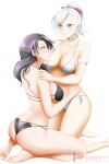  2girls arm_strap ass asymmetrical_bangs bangs banned_artist barefoot bikini black_bikini black_hair blue_eyes bow breasts choker cinder_fall cleavage closed_mouth collarbone earrings eye_contact hair_bow hand_on_another&#039;s_hip hand_on_another&#039;s_shoulder high_ponytail highres jewelry kimmy77 kneeling large_breasts long_hair looking_at_another multiple_girls parted_lips red_bow rwby shiny shiny_hair shiny_skin shoulder_blades side-tie_bikini sideboob silver_hair simple_background sitting soles swimsuit wariza watermark white_background white_bikini white_choker winter_schnee yellow_eyes yuri 