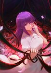  1girl black_ribbon blood blood_from_mouth bloody_clothes blurry breasts bug butterfly depth_of_field dress eyebrows_behind_hair fate/stay_night fate_(series) hair_between_eyes highres insect kyori large_breasts long_hair matou_sakura petals purple_eyes purple_hair ribbon solo white_dress 
