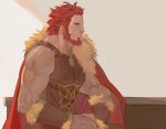  1boy armor beard bracer breastplate cape cleavage_cutout clothing_cutout facial_hair fate/grand_order fate_(series) from_side fur-trimmed_cape fur_trim halorane iskandar_(fate) leather looking_to_the_side male_cleavage male_focus mature_male muscular muscular_male pectorals red_eyes red_hair short_hair smile solo stomach upper_body 