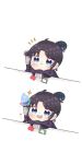  1girl apex_legends black_gloves black_hair blush bongo_cat chibi commentary_request energy eyebrows_visible_through_hair gloves hair_bun koiharu like_and_retweet meme open_hand open_mouth purple_scarf scarf smile v-shaped_eyebrows wraith_(apex_legends) 