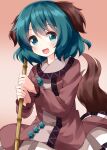  1girl :d animal_ears bamboo_broom bangs broom brown_background cowboy_shot dog_ears dog_tail eyebrows_visible_through_hair gradient gradient_background green_eyes green_hair highres holding holding_broom kasodani_kyouko long_sleeves looking_at_viewer open_mouth ruu_(tksymkw) short_hair smile solo standing tail touhou 