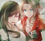  2girls :d aerith_gainsborough aqua_eyes bangs black_gloves breasts cleavage clenched_hand collarbone eyebrows_visible_through_hair final_fantasy final_fantasy_vii final_fantasy_vii_remake fingerless_gloves fingernails gloves hair_ribbon jacket large_breasts long_hair looking_at_viewer medium_breasts mirrorclew multiple_girls open_mouth parted_bangs red_eyes red_jacket ribbon smile swept_bangs tifa_lockhart 