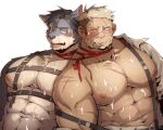  2boys abs animal_ears bara bare_pectorals beard blue_fur blush bukkake chest_harness cum cum_on_body cum_on_boy cum_on_pectorals dark-skinned_male dark_skin dog_boy dog_ears facial facial_hair fangs forked_eyebrows furry furry_with_non-furry harness head_to_head highres implied_yaoi interspecies large_pectorals leaning_on_person long_sideburns male_focus mature_male mikky multiple_boys muscular muscular_male navel nipples open_clothes open_shirt original pectorals red_ribbon ribbon scar scar_on_arm scar_on_cheek scar_on_chest scar_on_face short_hair sideburns single_bare_shoulder stomach suspenders thick_eyebrows undercut upper_body yaoi 