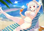  1girl armpits bangs beach beach_chair bikini blush breasts cleavage collarbone commentary_request corn_dog drink eyebrows_visible_through_hair flower food glasses hair_bun hair_flower hair_ornament highres hot_dog large_breasts long_hair looking_at_viewer lying mountainous_horizon multi-strapped_bikini navel ochinsama orange_juice original palm_tree red_eyes solo splashing swimsuit thighhighs tree water white_bikini white_hair 