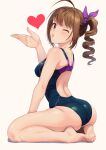  1girl ahoge bangs bare_arms bare_legs bare_shoulders barefoot blowing_kiss blush breasts brown_hair commentary_request drill_hair eyebrows_visible_through_hair from_side full_body hair_ribbon hand_up heart idolmaster idolmaster_million_live! idolmaster_million_live!_theater_days kamille_(vcx68) long_hair looking_at_viewer looking_to_the_side medium_breasts one-piece_swimsuit one_eye_closed parted_lips purple_eyes purple_ribbon ribbon side_ponytail simple_background sitting solo swimsuit white_background yokoyama_nao 