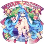  1girl ahoge ao_jun ark_order bangs bell black_bow black_choker black_ribbon blue_eyes blue_hair boots bow candy candy_cane character_doll choker christmas food fur-trimmed_boots fur_trim gift golden_slime_(ark_order) hair_bow hair_flaps long_hair looking_at_viewer merry_christmas official_art oversized_clothes red_bow red_footwear ribbon sitting slime_(ark_order) snowflakes solo sparkle striped striped_legwear sweater tachi-e tentacle_hair thighhighs very_long_hair white_sweater wreath 