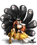  1girl absurdres black_feathers black_sclera bladen_art boots borrowed_character breasts burasu_(maro) cleavage colored_sclera corset dress feathers gloves green_eyes hand_on_own_face hat highres hollow_(bleach) kneeling kubo_tite_(style) large_breasts long_hair mask multiple_tails navel original pilgrim_hat sharp_teeth single_boot smile tail teeth transformation white_background yellow_dress yellow_eyes yellow_footwear yellow_gloves 