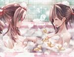  2girls aerith_gainsborough alternate_hairstyle aqua_eyes bangs bath breasts bubble bubble_bath collarbone final_fantasy final_fantasy_vii final_fantasy_vii_remake foam from_side hair_ribbon hair_up large_breasts long_hair mirrorclew multiple_girls open_mouth pointing red_eyes ribbon rubber_duck tifa_lockhart 