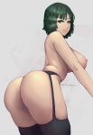  1girl ass breasts curvy from_behind fubuki_(one-punch_man) garter_belt green_eyes green_hair highres large_breasts lips looking_at_viewer looking_back medium_hair nipples one-punch_man phat_smash smile solo thighhighs thighs 