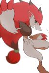  blurry claws commentary_request gen_5_pokemon green_eyes grey_fur grin hair_bobbles hair_ornament highres looking_at_viewer looking_to_the_side pokemon pokemon_(creature) sasaki_sue sharp_teeth simple_background smile solo teeth tied_hair white_background zoroark 