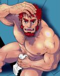  1boy abs alternate_hairstyle bara bare_pectorals beard brown_eyes chest_hair covering covering_crotch dark-skinned_male dark_skin facial_hair fate/grand_order fate_(series) from_above iskandar_(fate) large_pectorals looking_at_viewer male_focus mature_male muscular muscular_male naked_towel navel_hair nipples pectorals red_hair short_hair sitting smile solo stomach sweat thick_eyebrows thick_thighs thighs towel tsukasa_mat veins wet 