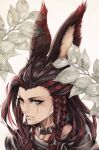  1girl absurdres animal_ears braid brown_hair choker close-up face final_fantasy final_fantasy_xiv heterochromia highres leaf long_hair looking_at_viewer mihira_(tainosugatayaki) multicolored_hair portrait rabbit_ears red_hair scar scar_across_eye solo two-tone_hair viera white_background 