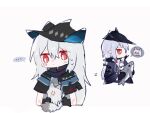  ... 3girls anger_vein animal animalization arknights black_gloves black_headwear cape cat coat dress fluffy gladiia_(arknights) gloves grey_fur holding holding_animal holding_cat holding_stuffed_toy multiple_girls paws red_eyes scratches skadi_(arknights) specter_(arknights) spoken_character spoken_ellipsis stuffed_animal stuffed_shark stuffed_toy symbol_commentary upper_body white_background zhu_mianzi 