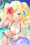  1girl ball bare_arms bare_shoulders beach beachball bikini blonde_hair blush breasts cleavage collarbone commentary_request day drill_hair eyebrows_visible_through_hair fingernails flower hair_flower hair_ornament halterneck honolulu_(kancolle) kantai_collection large_breasts long_hair nail_polish ocean one_eye_closed open_mouth ouri_(aya_pine) pink_nails red_flower side-tie_bikini smile solo string_bikini swimsuit twin_drills twintails white_bikini yellow_eyes 