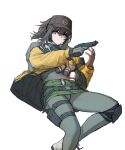  1girl absurdres baseball_cap belt black_legwear boots brown_hair cheogtanbyeong closed_mouth dier_(girls&#039;_frontline) dima_(girls&#039;_frontline) genderswap genderswap_(mtf) girls&#039;_frontline gloves green_shirt green_skirt grey_eyes gun handgun hat highres holding holding_weapon jacket long_hair miniskirt open_clothes open_jacket panties pantyhose pistol pouch shirt shoulder_strap skirt smoke_grenade solo tactical_clothes tom_clancy&#039;s_the_division underwear walkie-talkie watch weapon yellow_jacket 