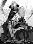  2girls blood cape chouonsoku-jiisan closed_mouth family_crest fate/grand_order fate_(series) fire fujimaru_ritsuka_(female) greyscale hair_ornament hair_scrunchie hat highres long_hair long_sleeves medium_hair monochrome multiple_girls oda_nobunaga_(fate) oda_nobunaga_(fate)_(all) oda_uri one_side_up peaked_cap rubble scrunchie shaded_face sitting 