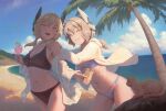  2girls animal antica_(bigrbear) beach bigrbear bikini black_bikini blonde_hair blue_bikini blue_eyes blue_sky breasts cat clenched_teeth cloud commentary cup day drink drinking_glass drinking_straw headgear highres holding holding_cup looking_at_viewer low_twintails medium_breasts medium_hair multiple_girls nipples ocean open_clothes open_mouth open_shirt original outdoors palm_tree sand shirt sky small_breasts smile swimsuit teeth tree twintails white_shirt 