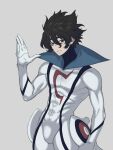  1boy abs black_hair bodysuit casshern casshern_sins english_commentary grey_background hair_between_eyes hand_up headwear_removed helmet helmet_removed highres looking_at_viewer solo standing thetrashbinoverthere white_bodysuit 