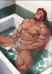  1boy abs absurdres bara bathtub beard completely_nude dark-skinned_male dark_skin facial_hair fate/grand_order fate_(series) flaccid grin highres iskandar_(fate) large_pectorals looking_at_viewer male_focus mature_male muscular muscular_male navel navel_hair nipples nude one_eye_closed partially_submerged pectorals pubic_hair pubic_hair_peek red_eyes red_hair scar_on_arm scar_on_chst scar_on_leg selkiro short_hair smile solo spread_legs stomach thick_thighs thighs 